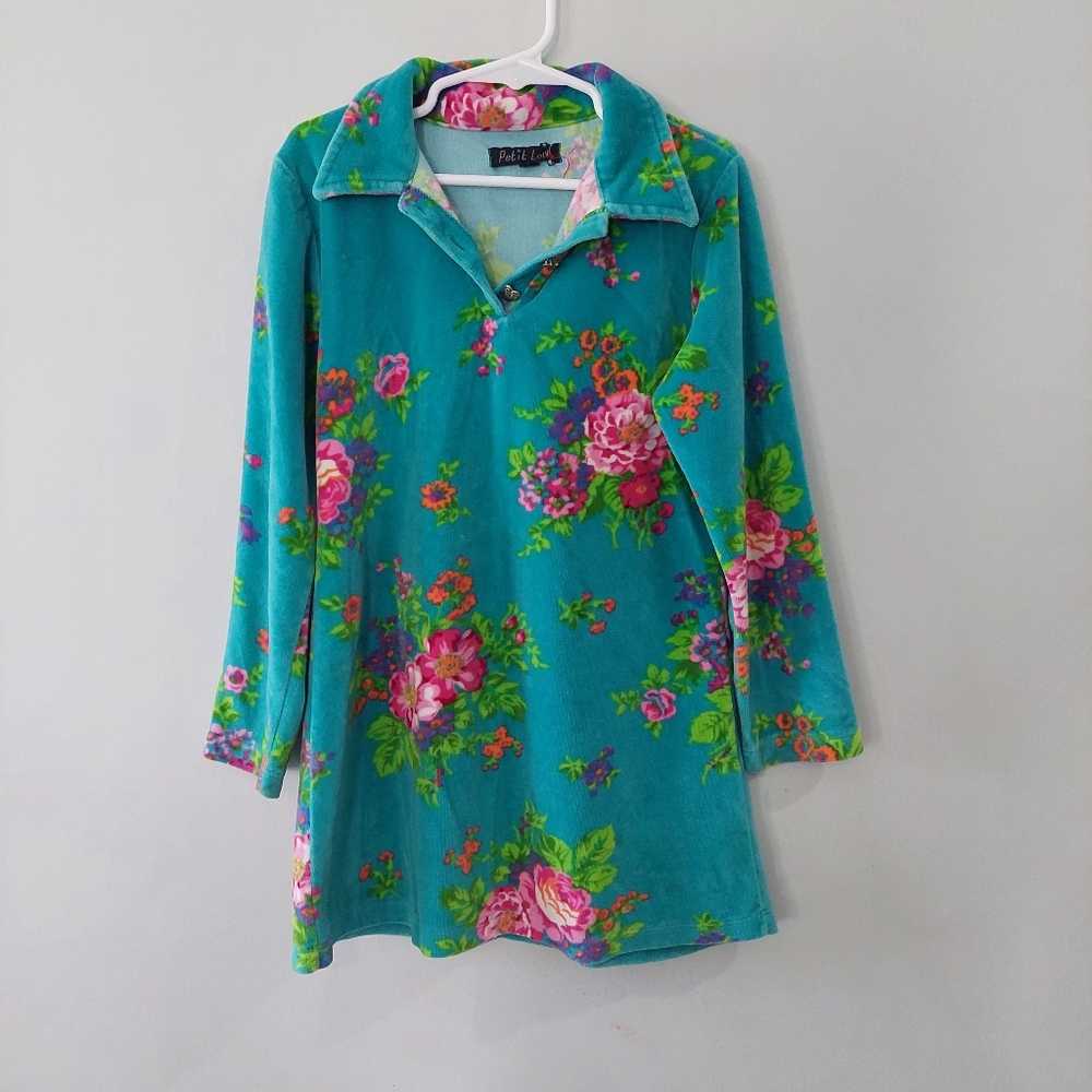 Petit Louie dress velour size 6-8 teal blue floral print long sleeve col…